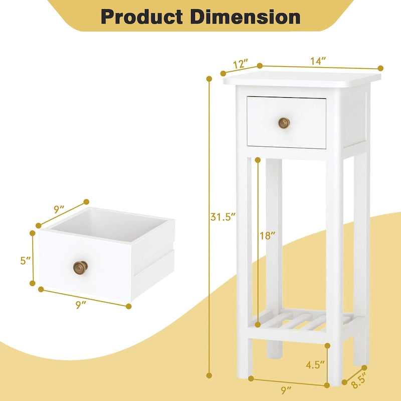 2 Tier Narrow Side Table Wood Slim End Table Nightstand with Drawer