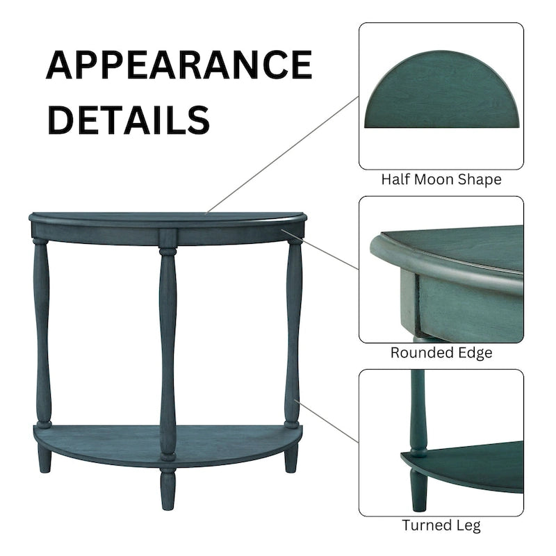 28-inch Half-Moon Console Table with Shelf - Antique Style