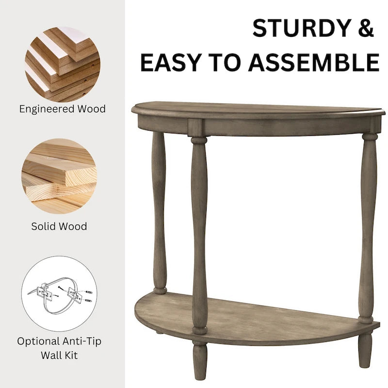 28-inch Half-Moon Console Table with Shelf - Antique Style