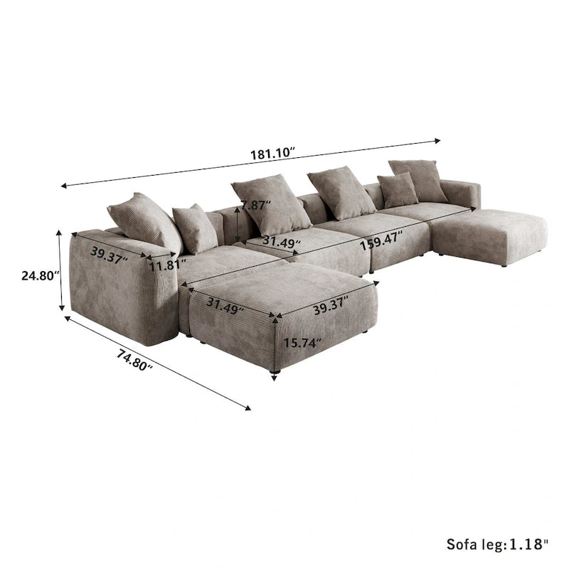 181.10 Corduroy Fabric 6-Piece Oversize Sectional Sofa