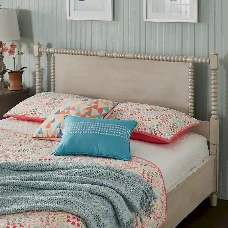 Antique Wood Platform Bed with Beaded Headboard - Full/Queen