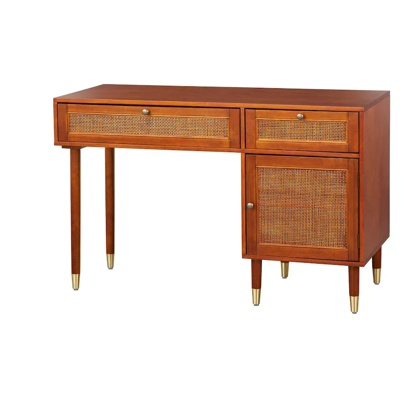 Walnut Cane Front Desk with Storage Drawers