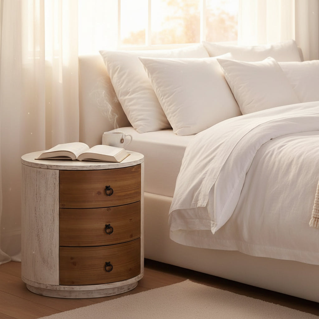 COSIEST Modern Round Solid Wood Storage Chest, Nightstand with 3 Drawers