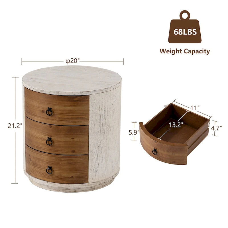 COSIEST Modern Round Solid Wood Storage Chest, Nightstand with 3 Drawers
