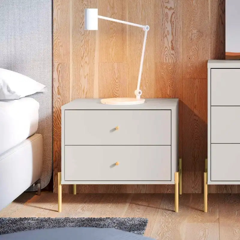 White Gloss Nightstand with Gold Steel Legs - 2 Drawers