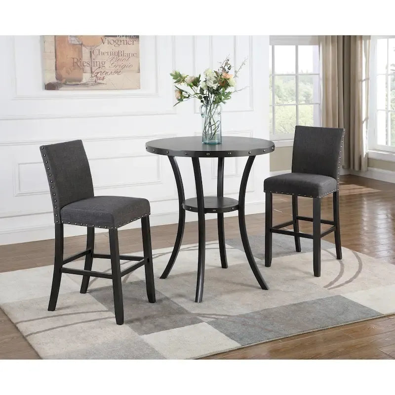 Roundhill Furniture Biony 3-Piece 36 Round Espresso Bar Table with 2 Nail Head Barstools