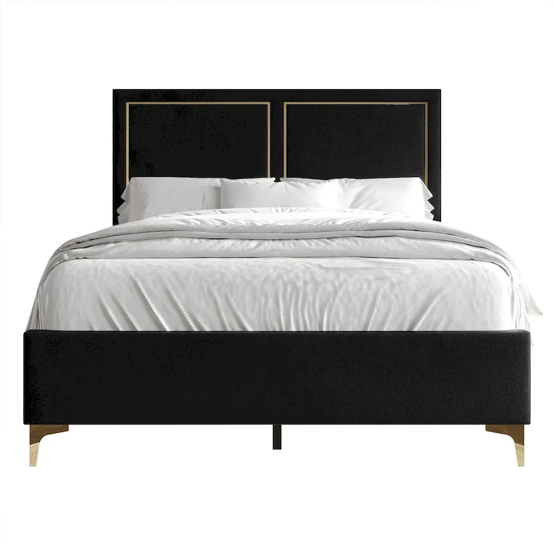 Velvet Upholstered Bed with Gold Trim - Twin/Full/Queen/King