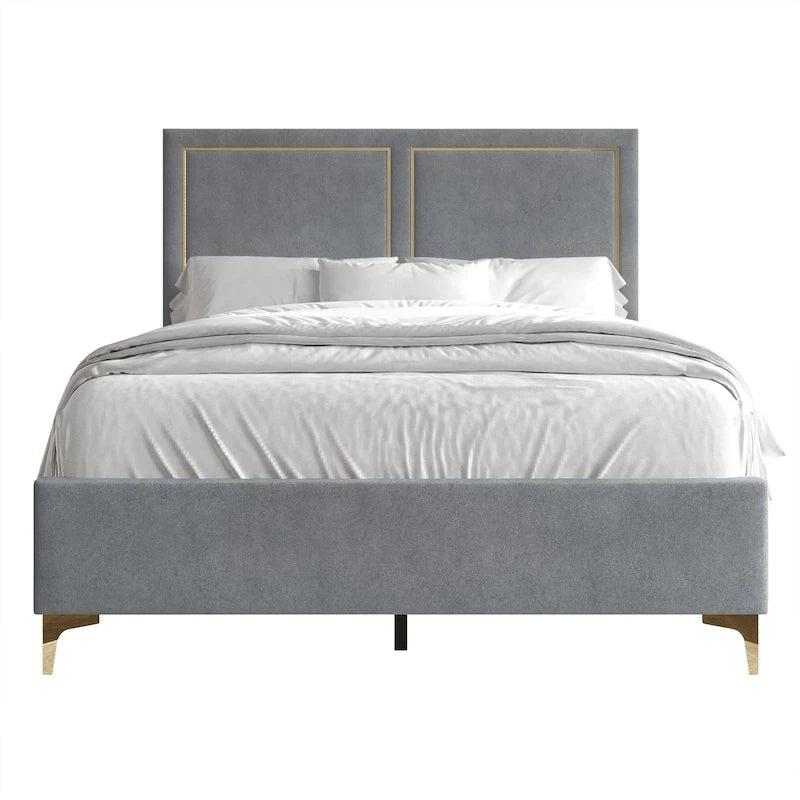 Velvet Upholstered Bed with Gold Trim - Twin/Full/Queen/King