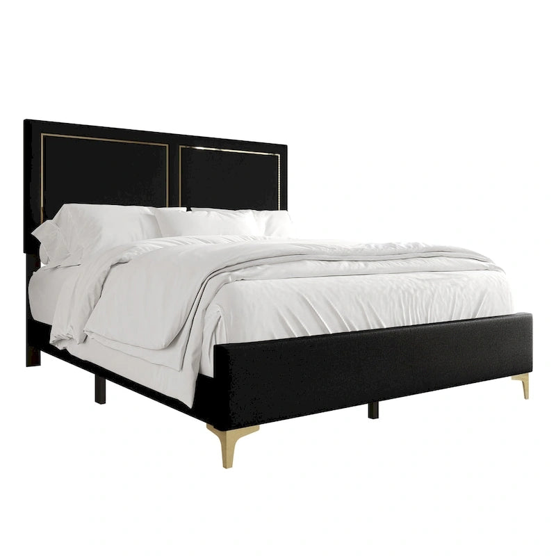 Velvet Upholstered Bed with Gold Trim - Twin/Full/Queen/King