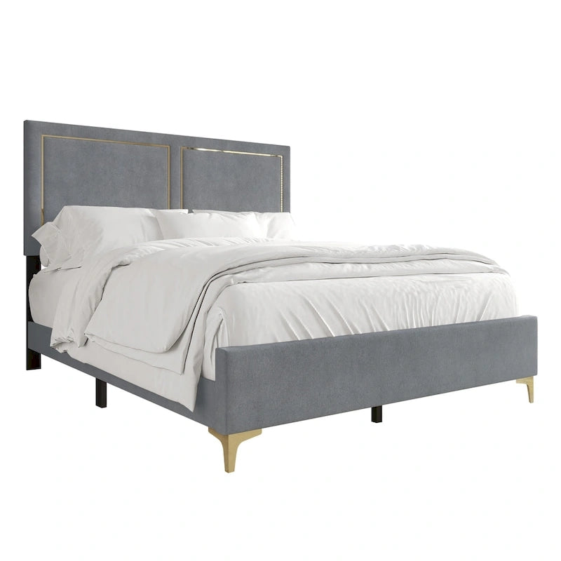 Velvet Upholstered Bed with Gold Trim - Twin/Full/Queen/King