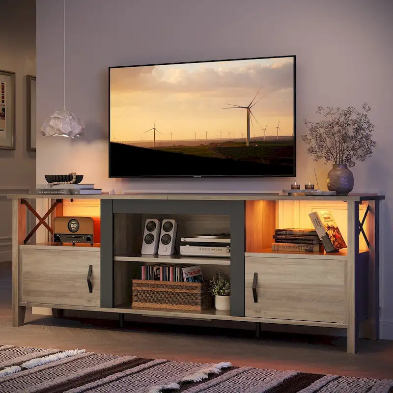 63" Rustic Wood TV Stand with RGB LED Lights for 70" TVs