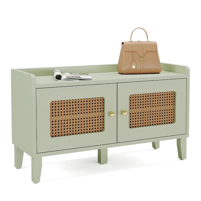 Wood 2-Tier Entryway Shoe Cabinet Bench with Doors for Living Room