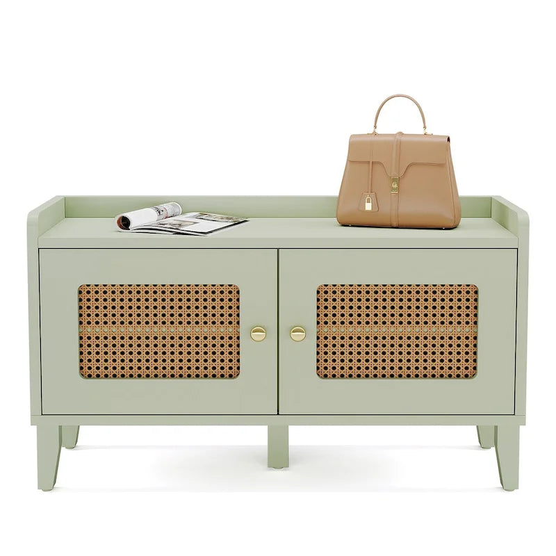 Wood 2-Tier Entryway Shoe Cabinet Bench with Doors for Living Room