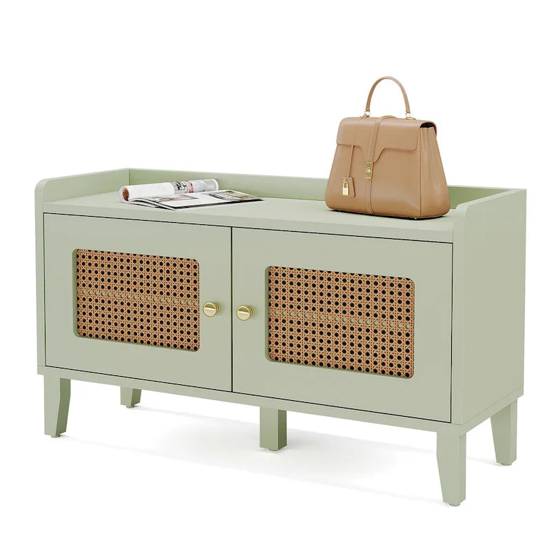 Wood 2-Tier Entryway Shoe Cabinet Bench with Doors for Living Room